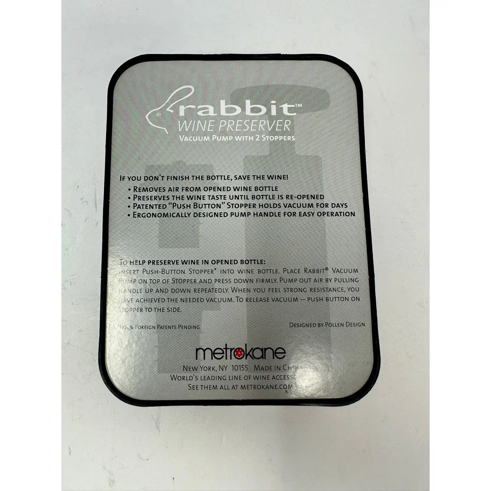 NEW! Rabbit Wine Preserver Vacuum Pump‎ With 2 Bottle Stoppers B0